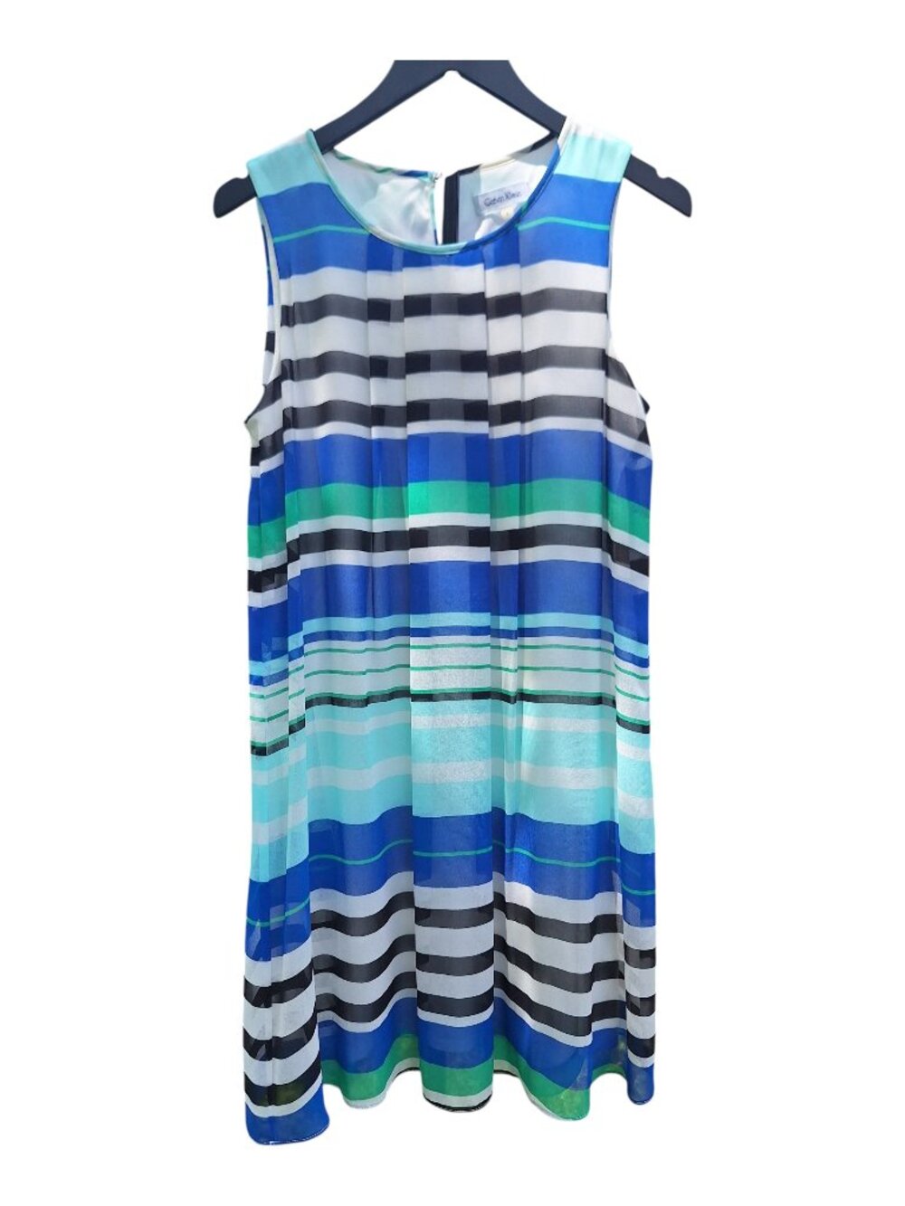 Calvin Klein Chiffon Striped Dress Blue Green A-Line Sleeveless Size 6